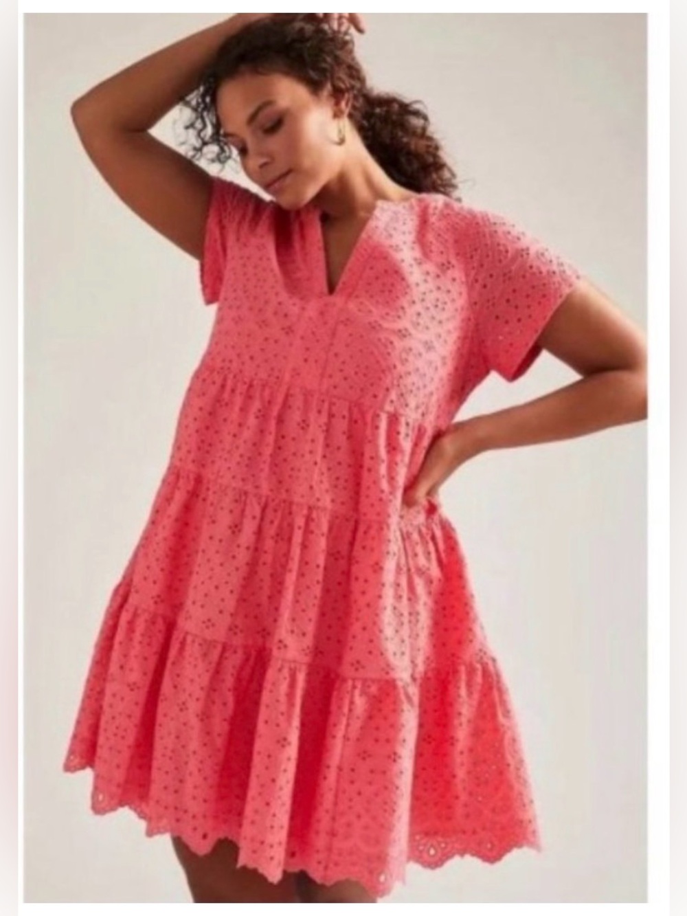 Maeve by Anthropologie Harper Eyelet Tunic Dress Coral Pink XL Like New